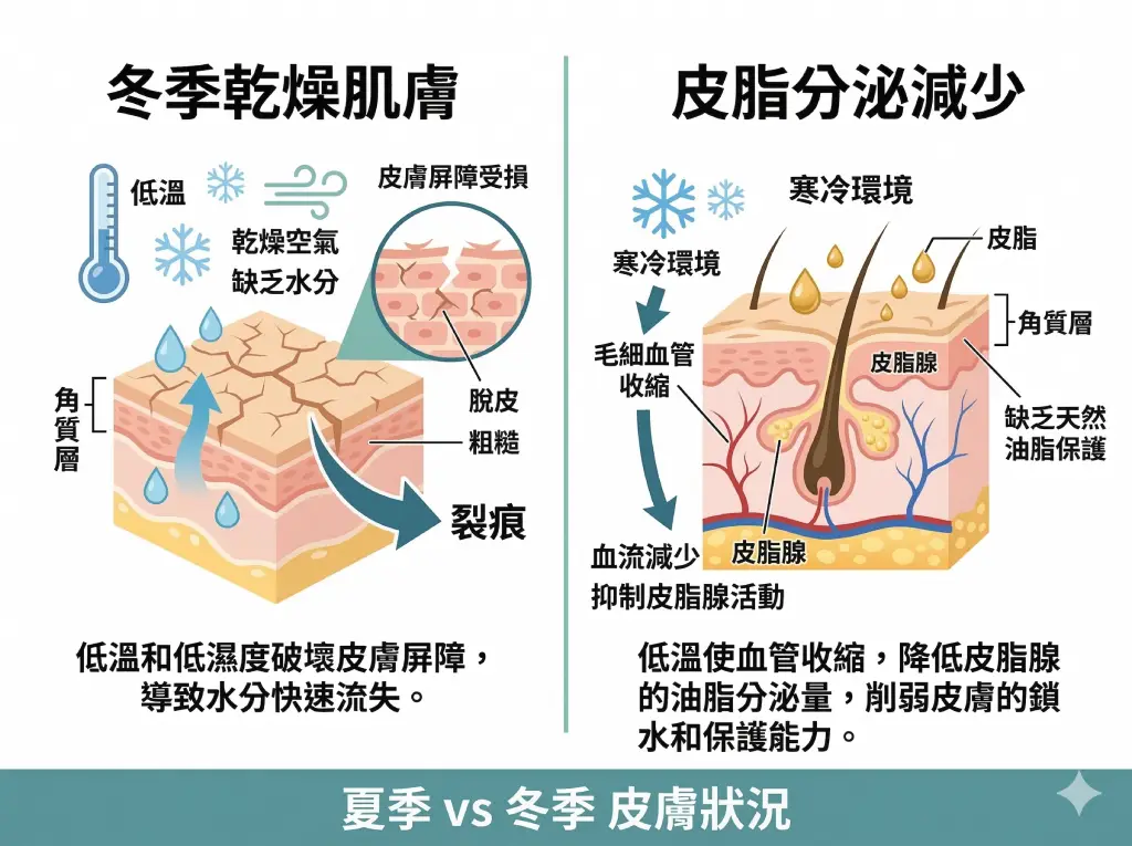 冬天低溫導致皮膚乾燥而出油減少的示意圖