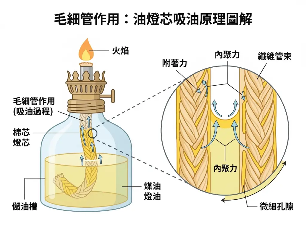 毛細現象示意圖說明油脂如何沿著頭髮上升