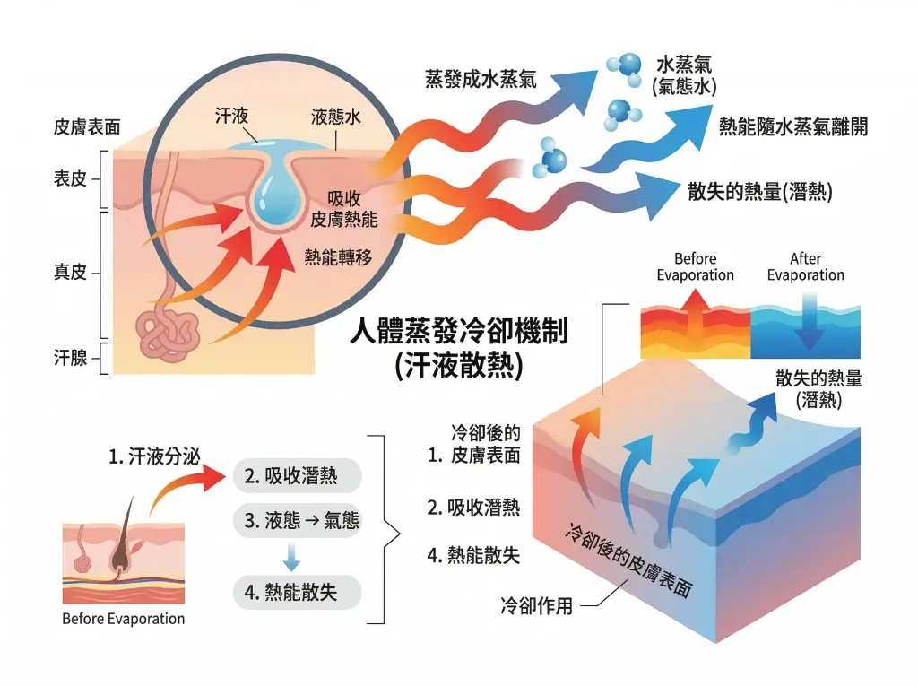 蒸發降溫原理示意圖,說明液體揮發如何降低皮膚溫度
