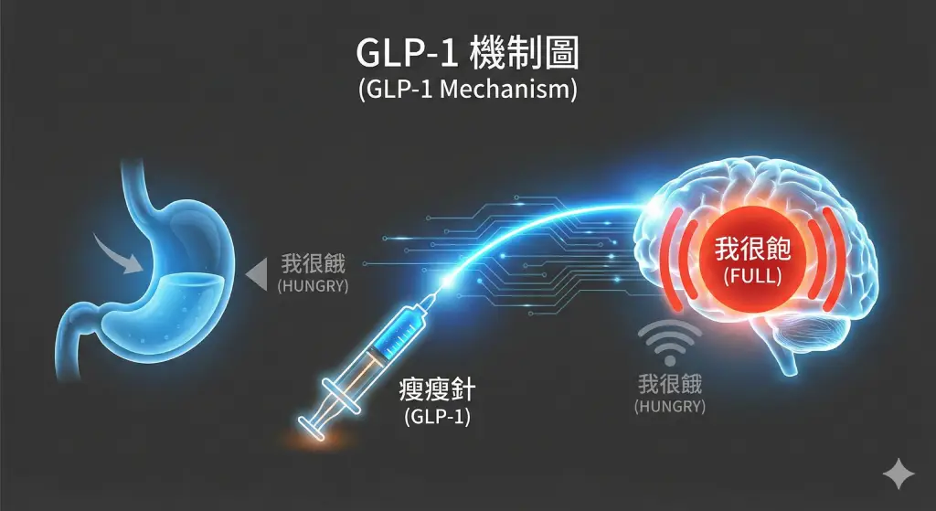 瘦瘦針原理圖解：GLP-1藥物如何發送飽足感假訊號欺騙大腦，阻斷食慾。