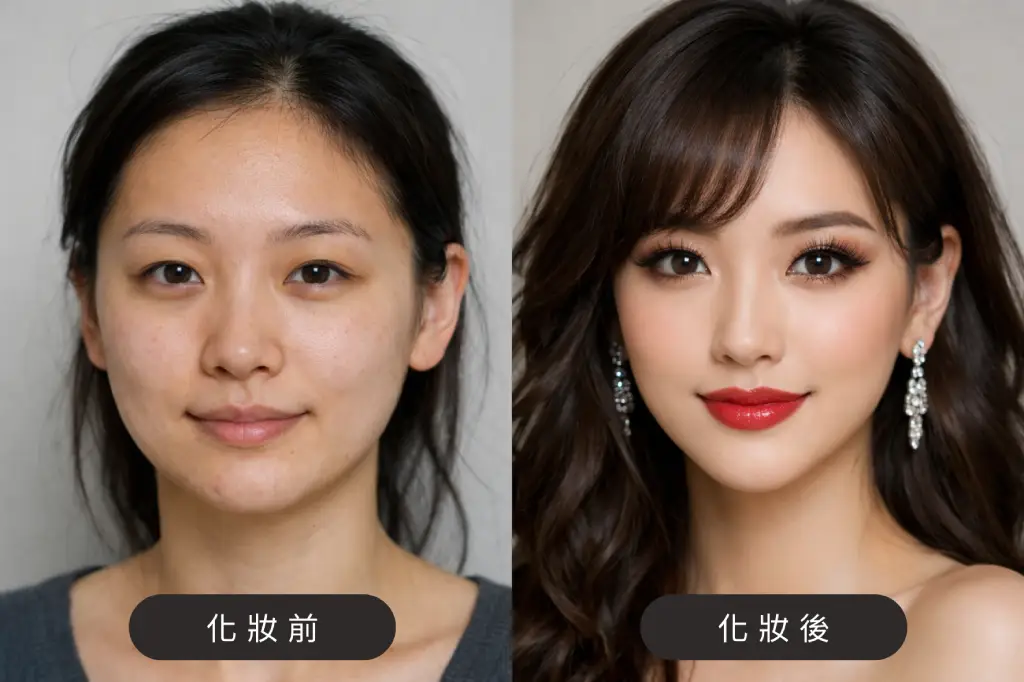 對比化妝前與化妝後的極大差異，紋髮也有一樣的效果