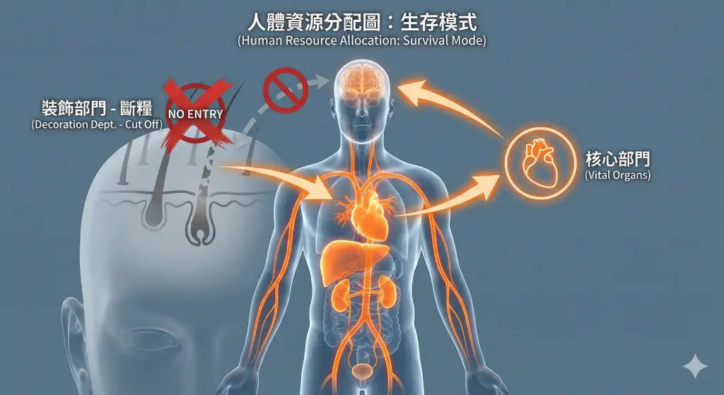 休止期脫髮機制圖：減重時身體優先供給核心器官營養，切斷毛囊血液循環導致掉髮。